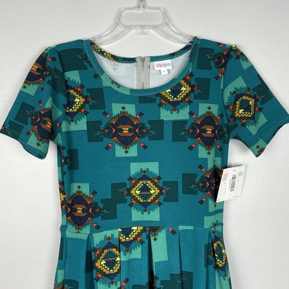 LuLaRoe Amelia Dress Aztec Tribal Print Aqua Green Turquoise NWT Size Small - Picture 3 of 7